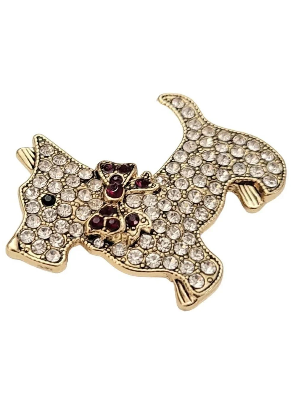 Monet Gold Tone Clear, Red Rhinestone Pave Scottie Dog Brooch, Signed K727